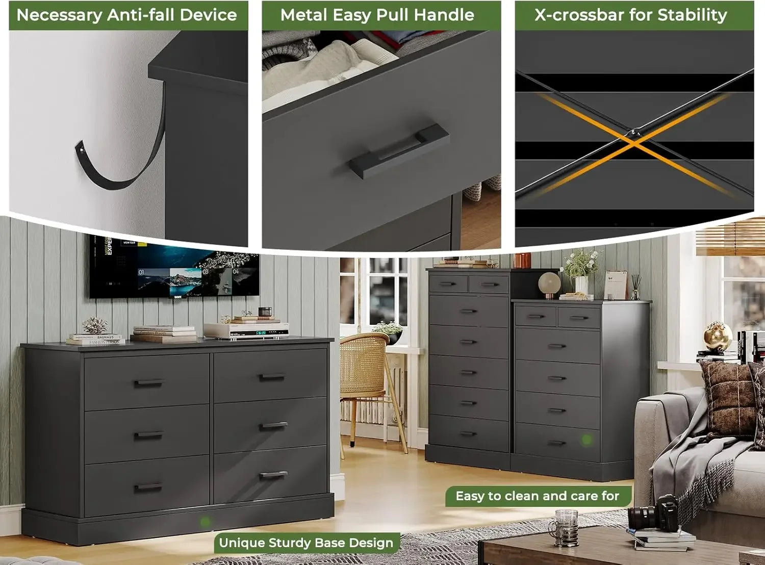 Black Dresser for Bedroom, Tall 7 Drawer Dresser with Sturdy Base, Wood Storage Tower Clothes Organizer, Large Storage Cabinet