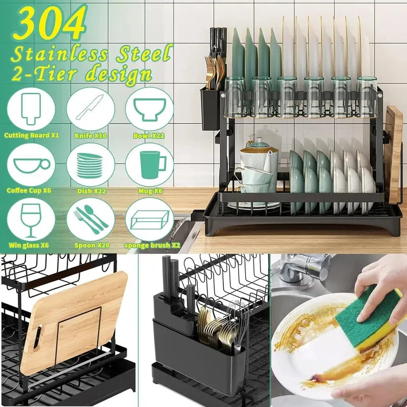 2-Tier Metal Kitchen Countertop Dish Drying Rack, Dish Drainer with Removable Drip Tray for Kitchen Counter Storage