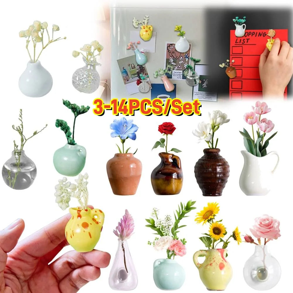 3-14pcs Set Mini Ceramics Vase Fridge Magnets Label Mini Bonsai Magnet Button Potted Simulation Flower Vase Refrigerator Message