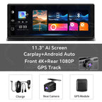 11.3 inch Car DVR 4K Dash Cam Dual Lens Wireless Carplay & Android Aut