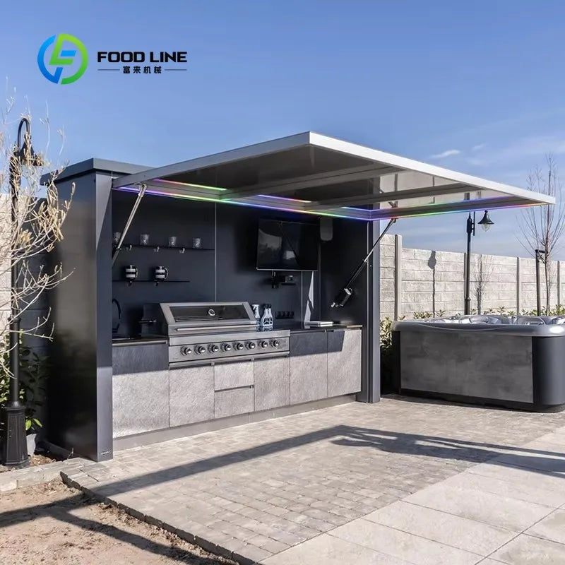 Customized Modern Portable Outdoor Kitchen Unit 8-Burner BBQ 58L Fridge Sink Acrylic Locking Swivel Casters Patio Party Catering
