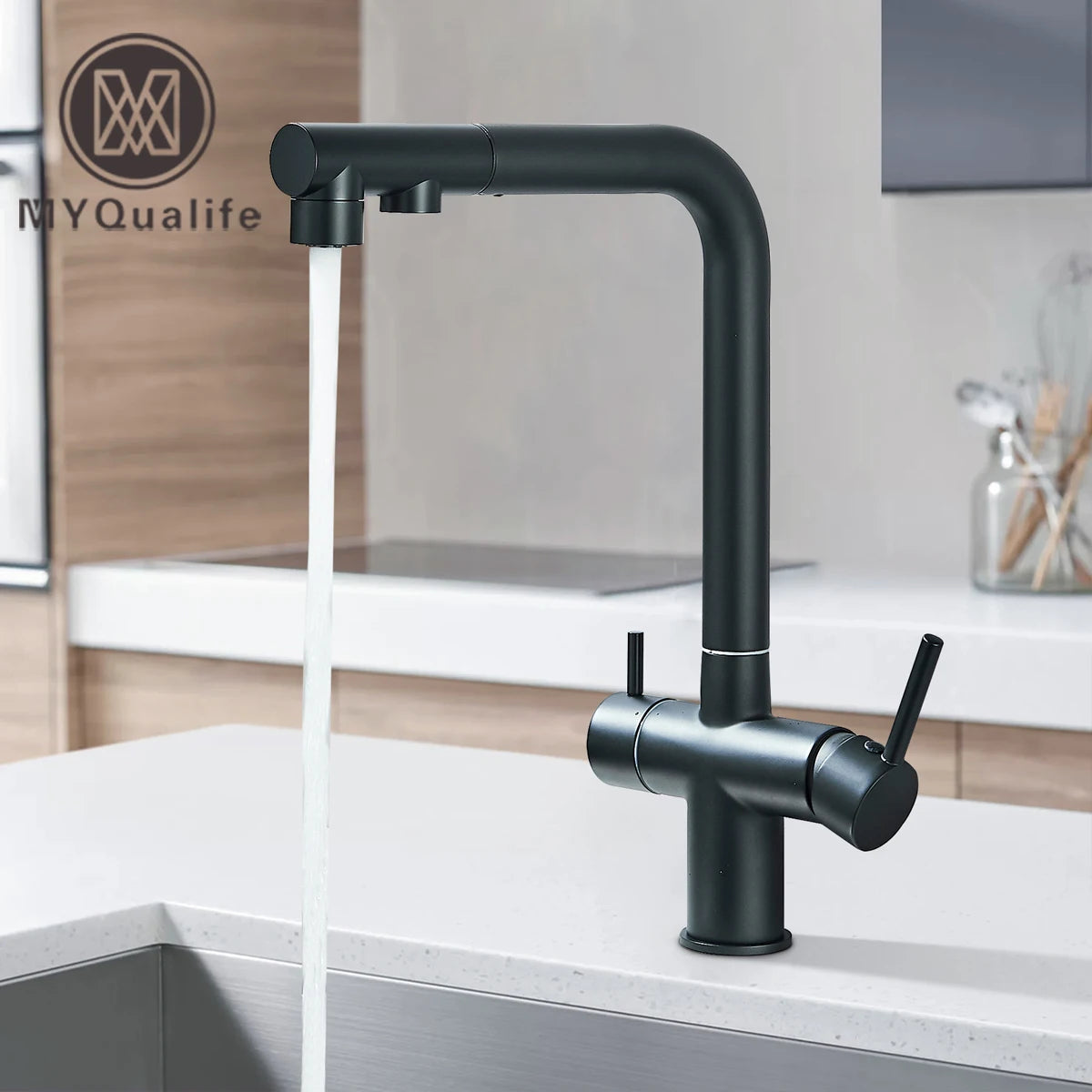 Matte Black Pulling Filter Kitchen Faucet Hot & Cold Water Mixer Dual Mode Filtration Purification Kitchen Sinks 360 Rotation