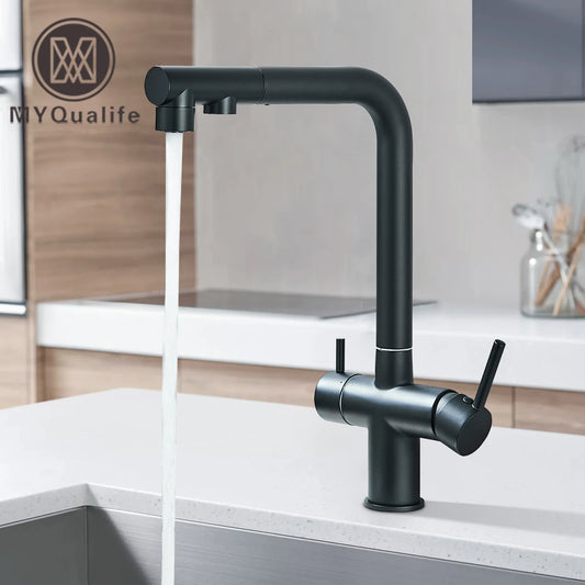 Matte Black Pulling Filter Kitchen Faucet Hot & Cold Water Mixer Dual Mode Filtration Purification Kitchen Sinks 360 Rotation
