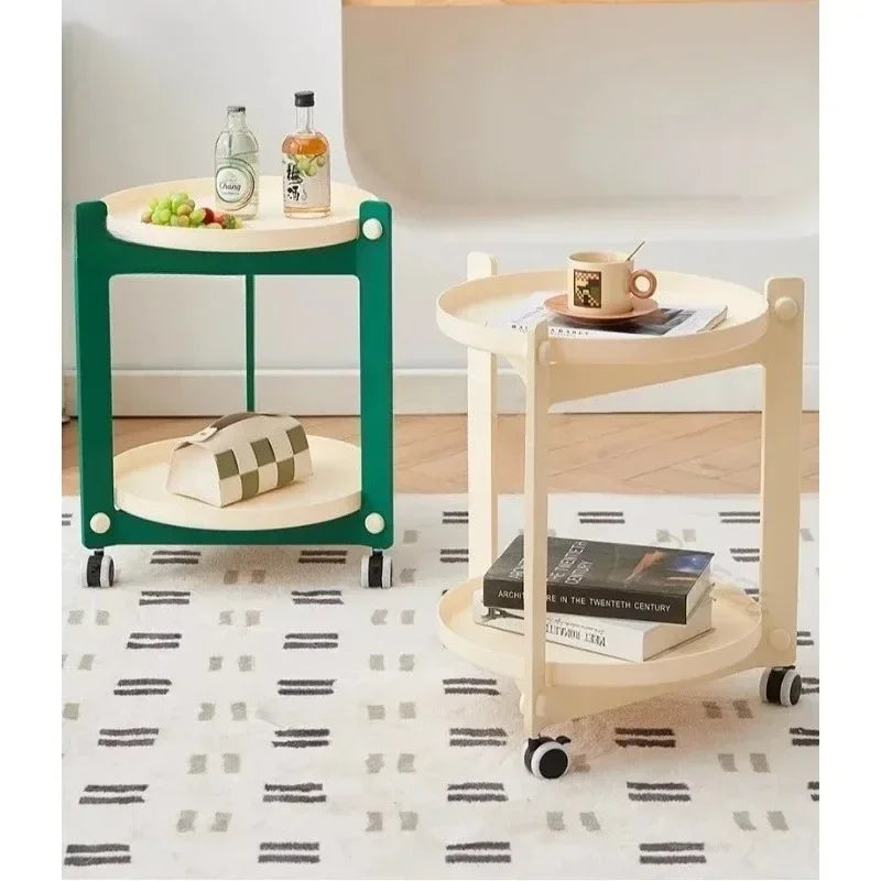 Household Living Room Movable Coffee Table Nordic Minimalist Wheeled Cart Bedside Circular Storage Rack