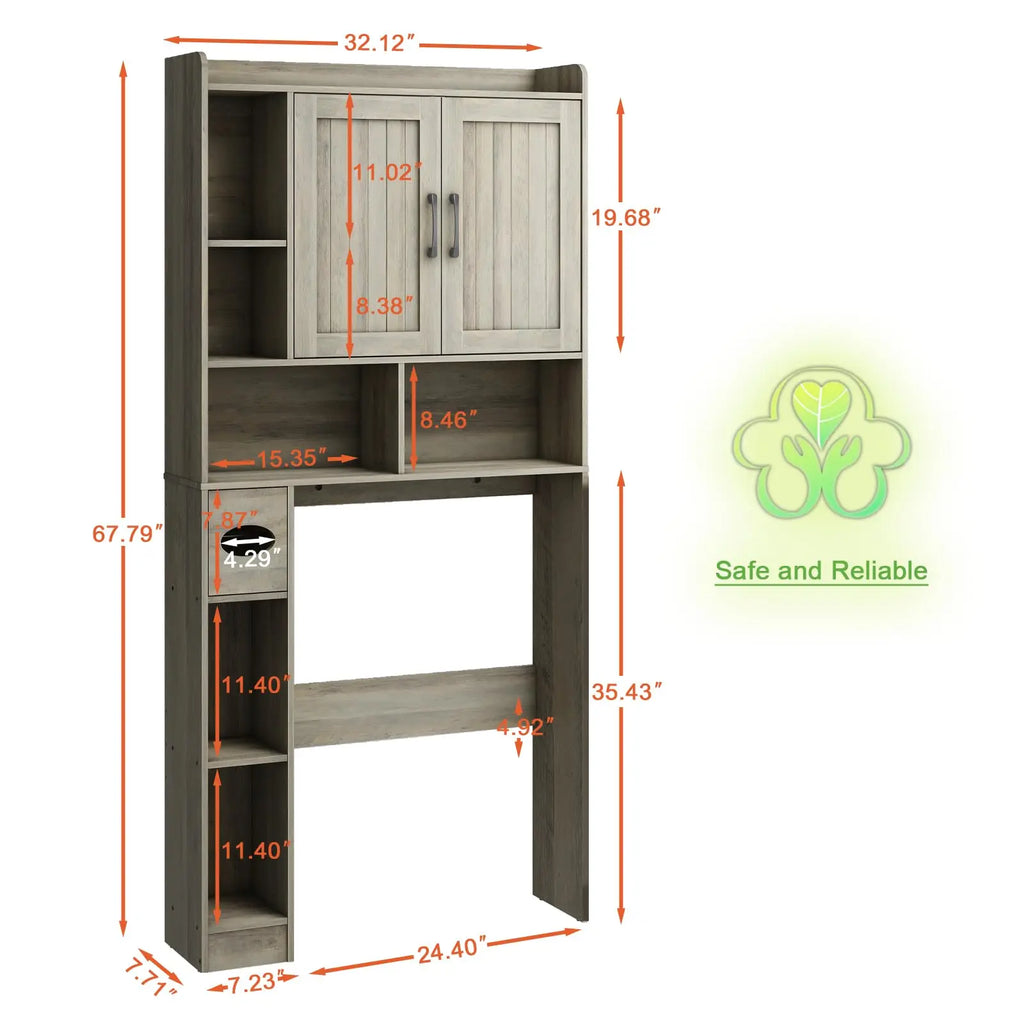 Vabches Bathroom Organizer Storage Wood Over The Toilet Storage Cabinet with Barn Doors&Toilet Paper Stand 67'' Tall Toilet Rack