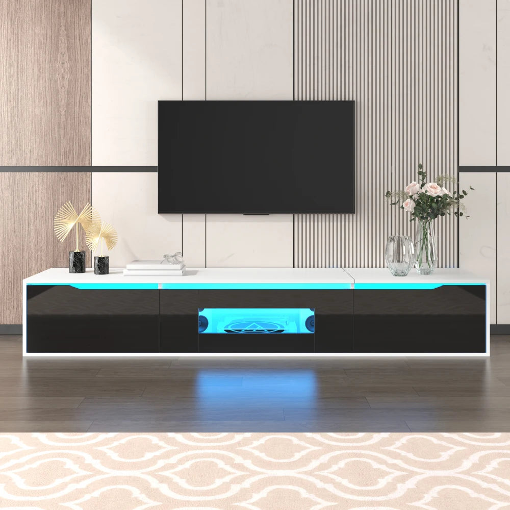 Modern TV Cabinet, High Gloss TV Stand, Color Matching To Black and White, with Color Changing LED Lighting, for Living Room