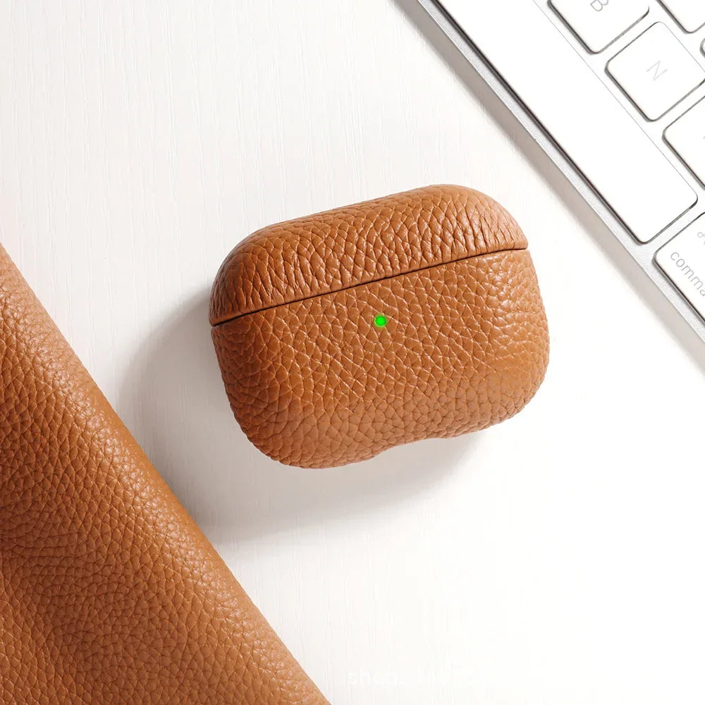 For AirPods Pro 3 Lychee Pattern Cowhide Leather Case for Airpods 4 3 2 1 Pro All-inclusive Earphone Protection Handmade Cover