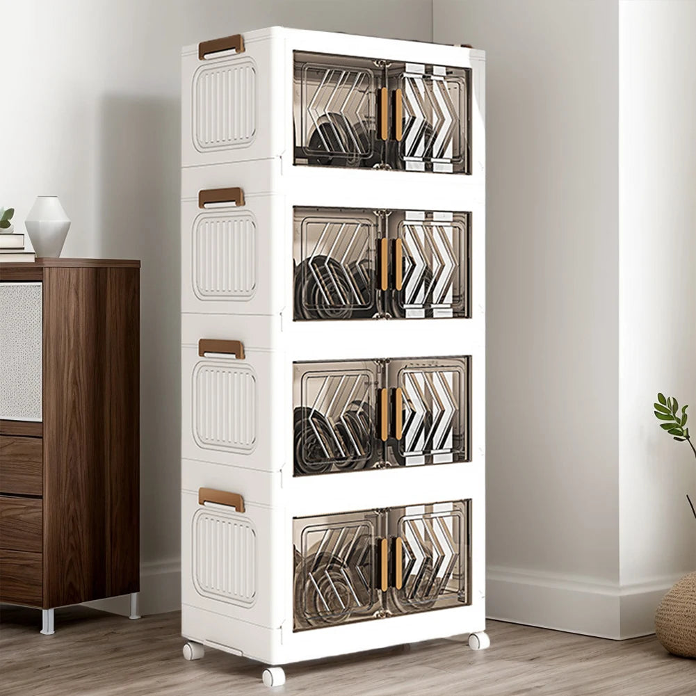 4 Tier Plastic Storage Containers with Doors & Wheels Foldable Organization Folding Storage Boxes for Living Room Bedroom Office