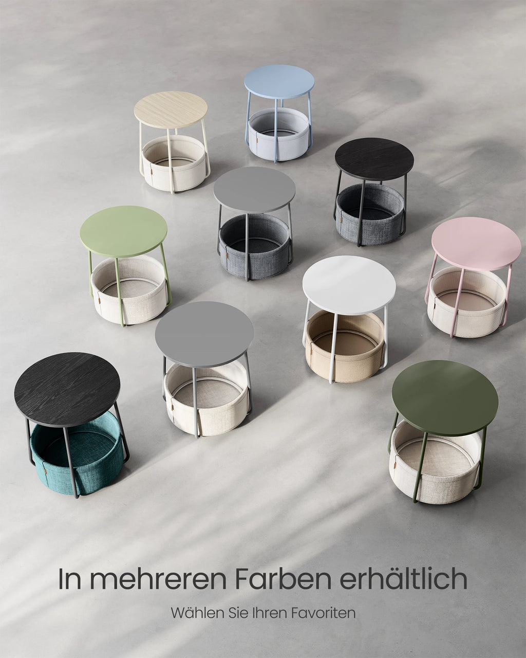 VASAGLE side table round small table coffee table small living room table with fabric basket living room storage space