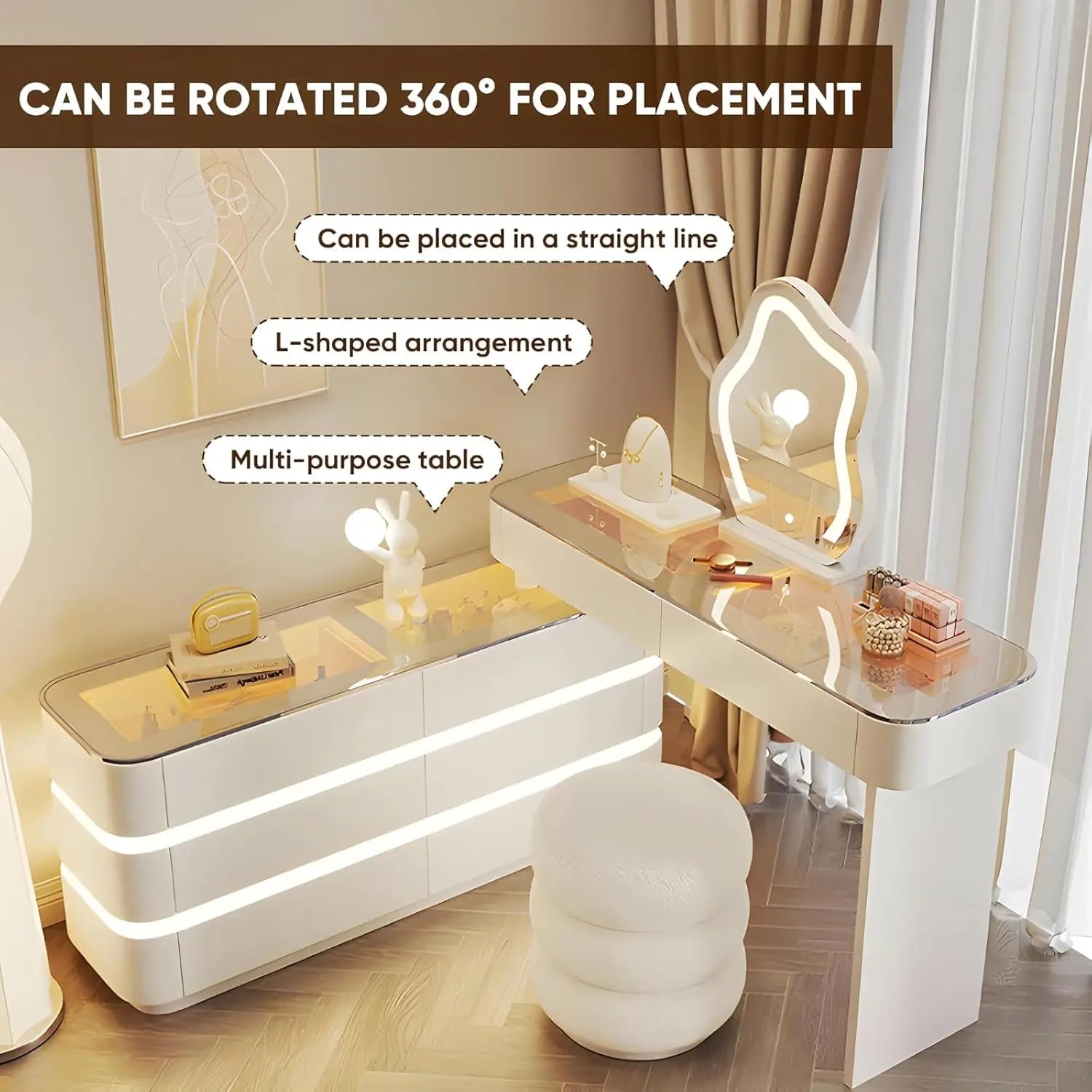 Vanity Set Solid Wood Vanities Desk with LED Smart Mirror and Drawers Modern Vanity Table with Glass Countertop and Makeup Stool