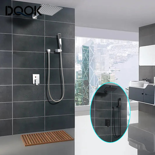 Black Concealed Shower System Rain Waterfall Bathroom Embedded Shower Faucet Set with Tub Spout