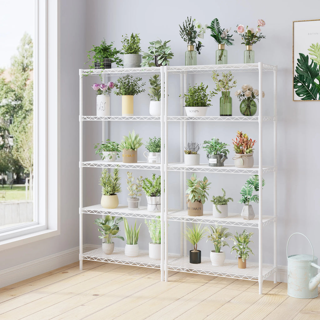 five-layer display stand without wheels with adjustable feet, freely adjustable layer spacing, iron 74*34*150cm, matte white