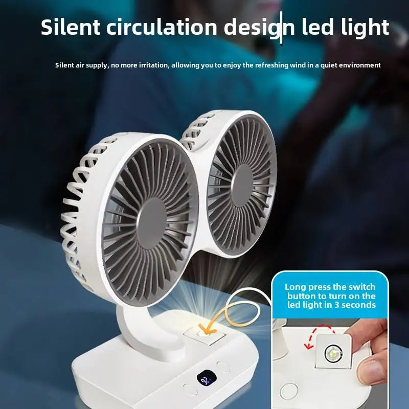 Double Head Desktop Fan 4 Speed Fast Cooling 8000mAh Digital Display A