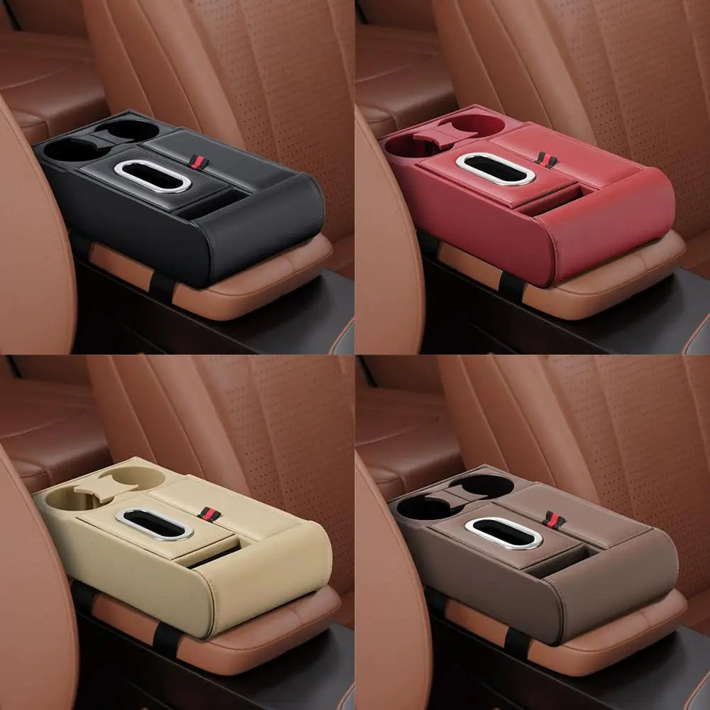Car Armrest Box Heightening Pad Multifunctional Storage Box Water Cup Case Luxury Vehicle Storage Tissue Holder Organizer N3F6