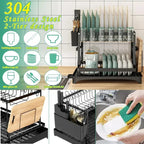 2-Tier Kitchen Countertop Dish Drying Rack – Metal Dish Drainer with Drip Tray, Multifunctional Bowl & Chopsticks Storage Rack