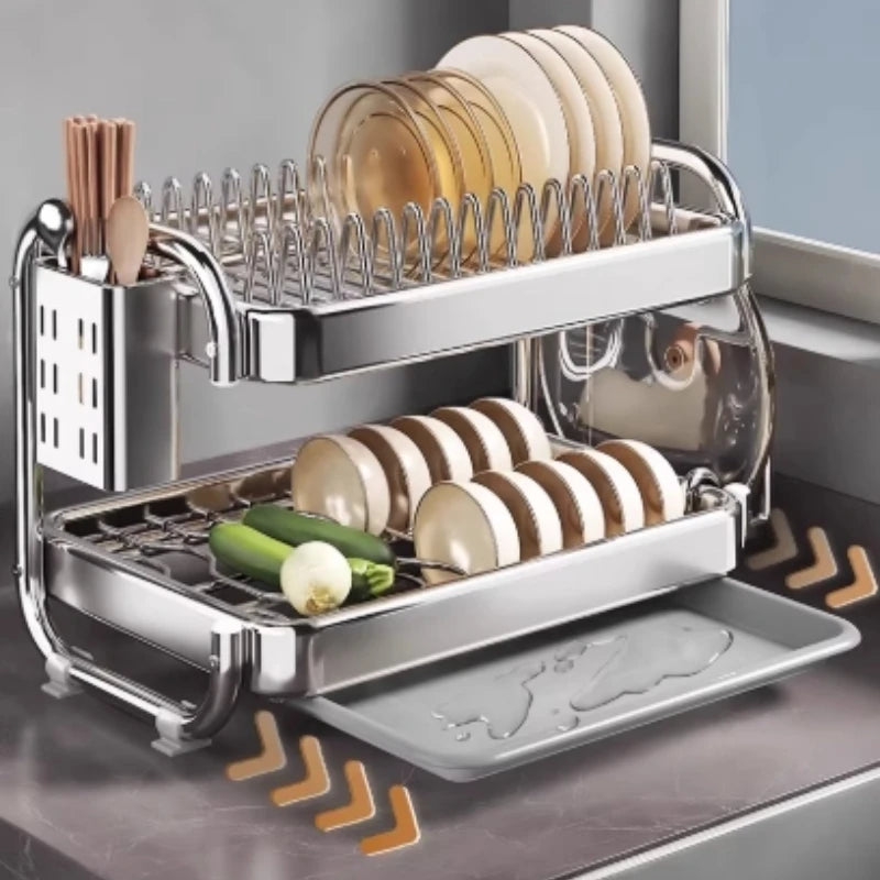 Stainless Steel Dish Rack Heavy Duty Compact Kitchen Sink Organizer with Drainage Tray Drying Rack for Plates Cups And Cutlery