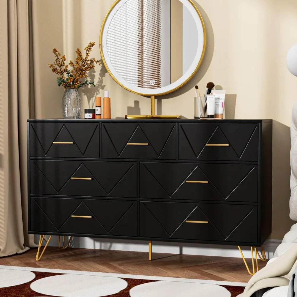 Dresser for Bedroom, 7 Drawer Black Wooden Dresser with Gold Handles, Modern Storage Dressers & Chests of Drawers for Hallway,