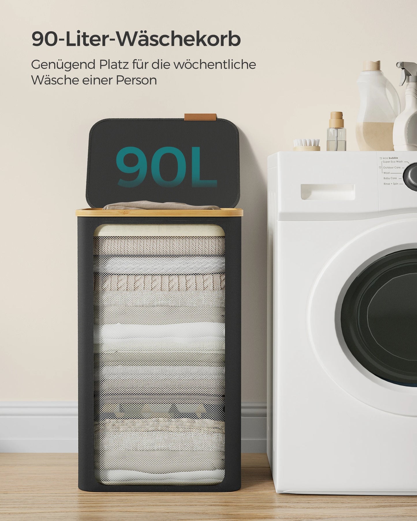 SONGMICS laundry basket with Lid Laundry Collector 90 L Removable Laundry Bag Oxford Fabric Bamboo Handles