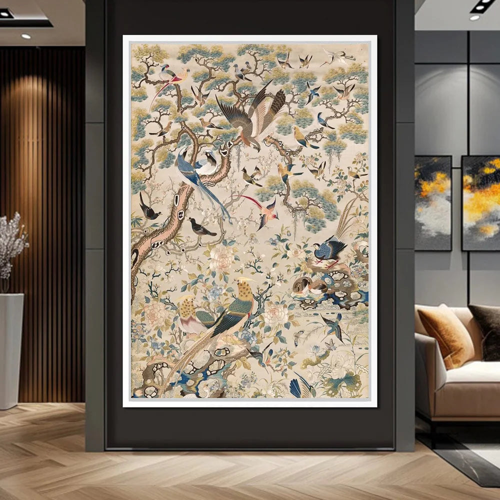 Retro Medieval Style Art Posters Print "Flowers And Birds Harmony Picture" Tropical Birds Plant Mural Home Decor Canvas Painting
