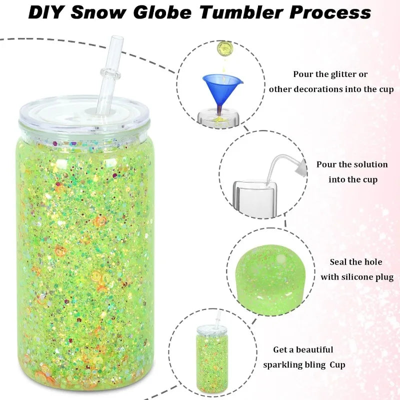 16 oz Plastic Snow Globe Tumbler, 16 Pack Double Wall Snowglobe Tumbler with Pre Drilled Hole, Plastic Mason Jar Cups Can for Sn