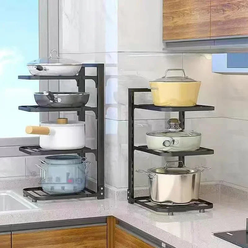 2/3/4 Layers Kitchen Storage Rack Stainless Steel Adjustable Shelf Floor Cabinet Table Corner Pot Rack Kitchen Storage Supplies