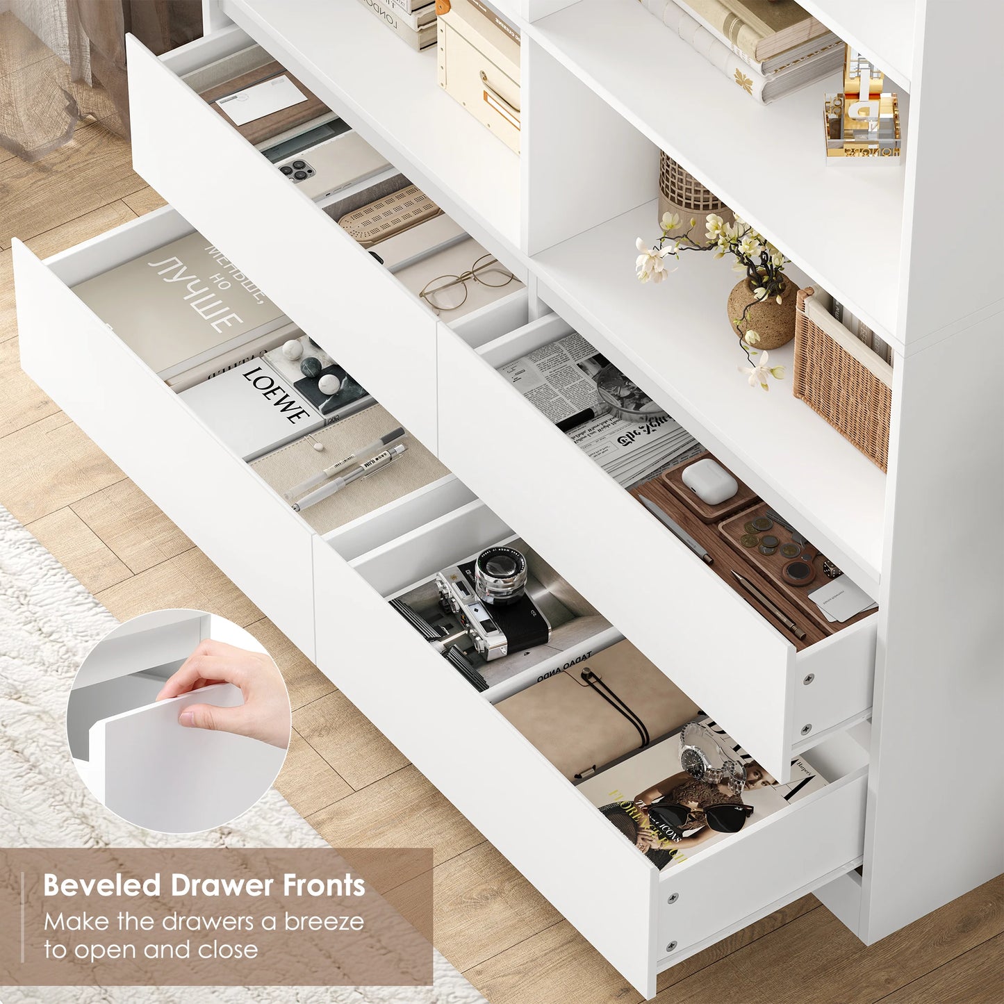 Getone Bookshelf 6 Tier Bookcase White with Drawers 8 Open Compartments Bookshelf Living Room Bookcase  Tall Shelving Unit Free Standing Display Cabinet for Office Home 180x120x30cm