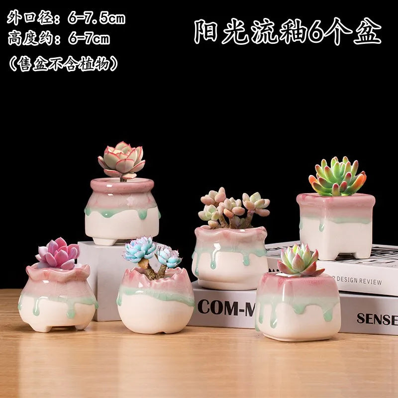 4/6pcs Creative Succulent Planters Succulent Pot Ice Cracked Flow Glaze Peach Egg Ceramic Green Plant Pot Planter Flower Pot