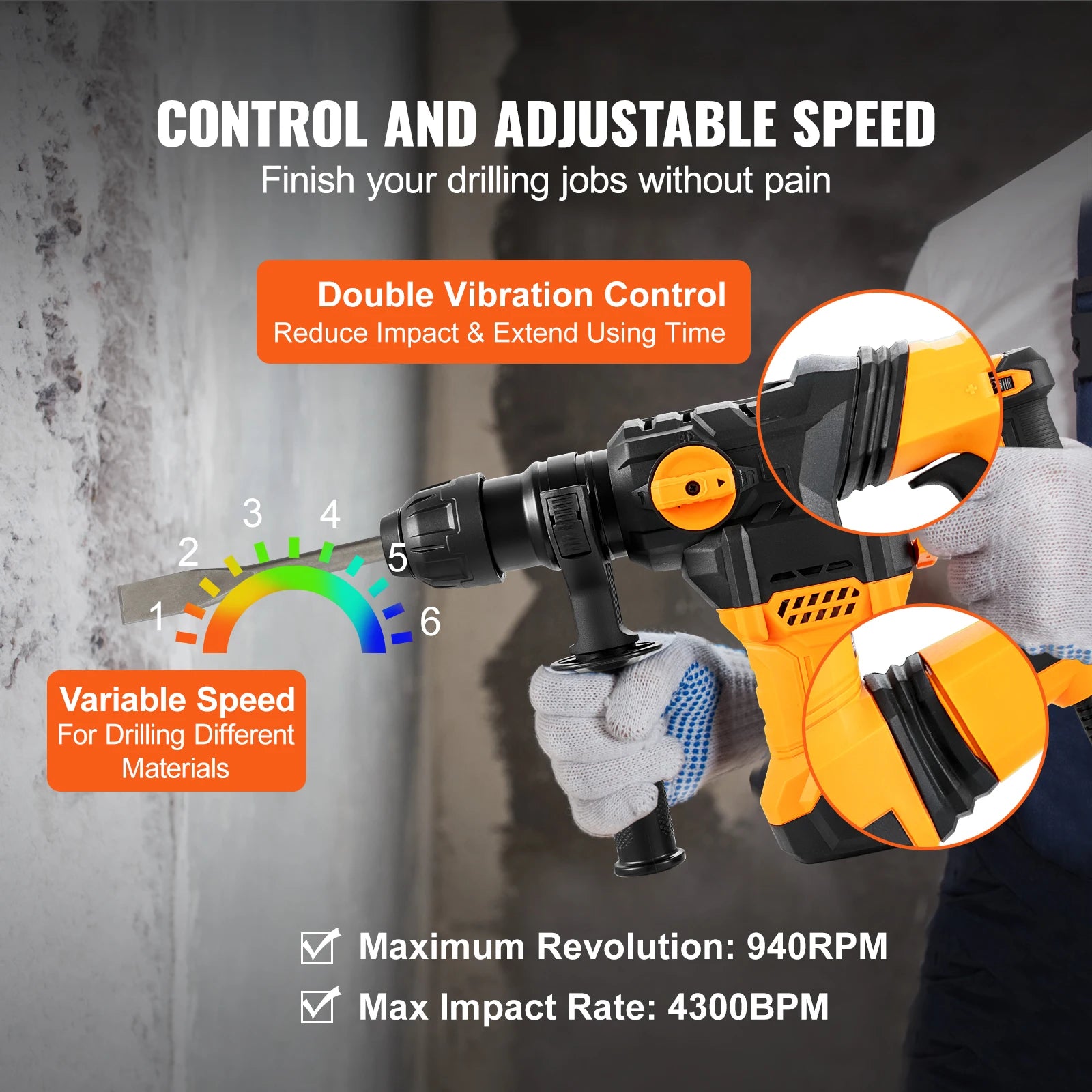 VEVOR 1500W Rotary Hammer Drill - 4-Mode SDS-Plus Corded Demolition Jackhammer | AlluCanFind