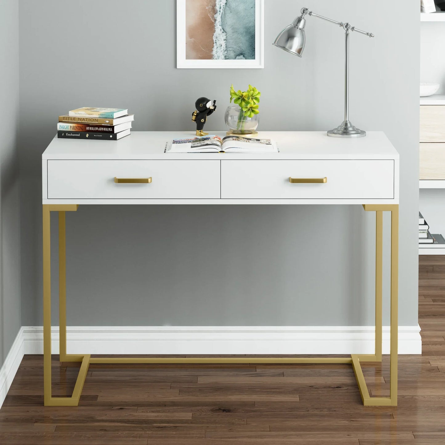 Tribesigns Vanity Desk with 2 Drawers,White and Gold Small Makeup Vanity,Modern Vanity Table Dressing Desk for Women Girls Gift