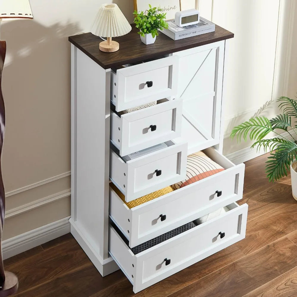 White Dresser for Bedroom, 5 Drawers Farmhouse Wood Dresser with Double Storage Cabinet, 48 Inches Tall Chest of Drawers for Be