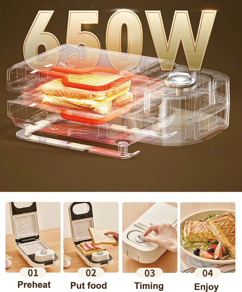 650W Electric Sandwich Maker Timing Waffle Maker Automatic Non-sticky Toaster Multifunctional Fast Breakfast Maker Kitchen tools