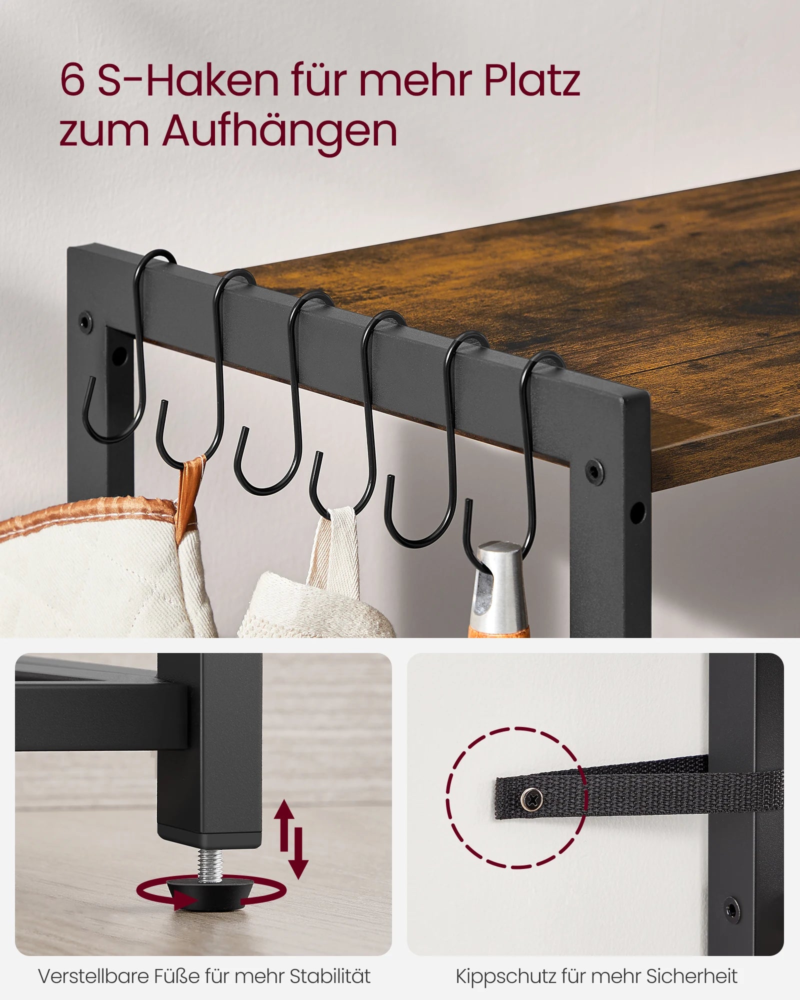 VASAGLE Kitchen Rack with sockets, 2 Metal Baskets, Microwave Shelf, 35x80x93.5 cm Industrial Design