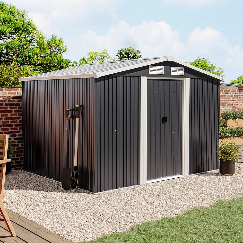 【Breeins】6 X 8 FT Black Outdoor Storage Shed, Metal Large Shed Garden with Air Vent, 2 Slide Door