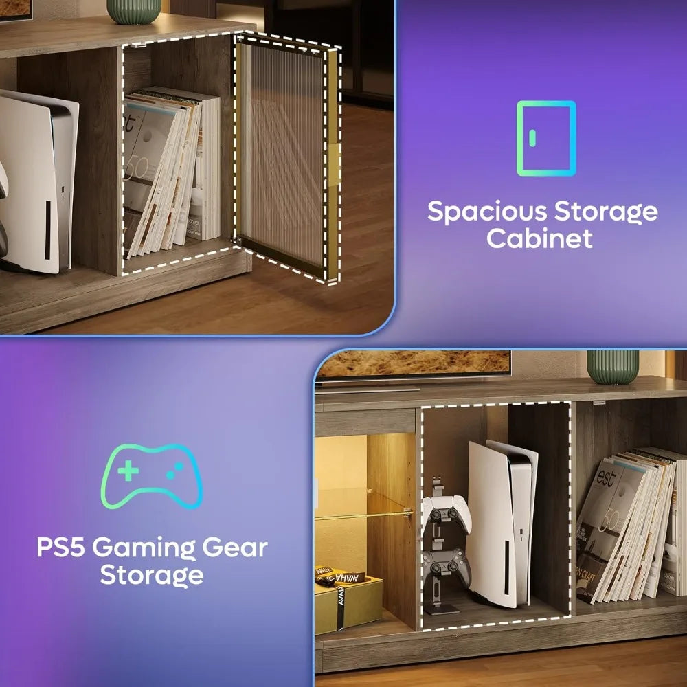 "80-Inch TV Capacity LED Entertainment Center with Adjustable Glass Shelves and Translucent Door Storage Cabinets"