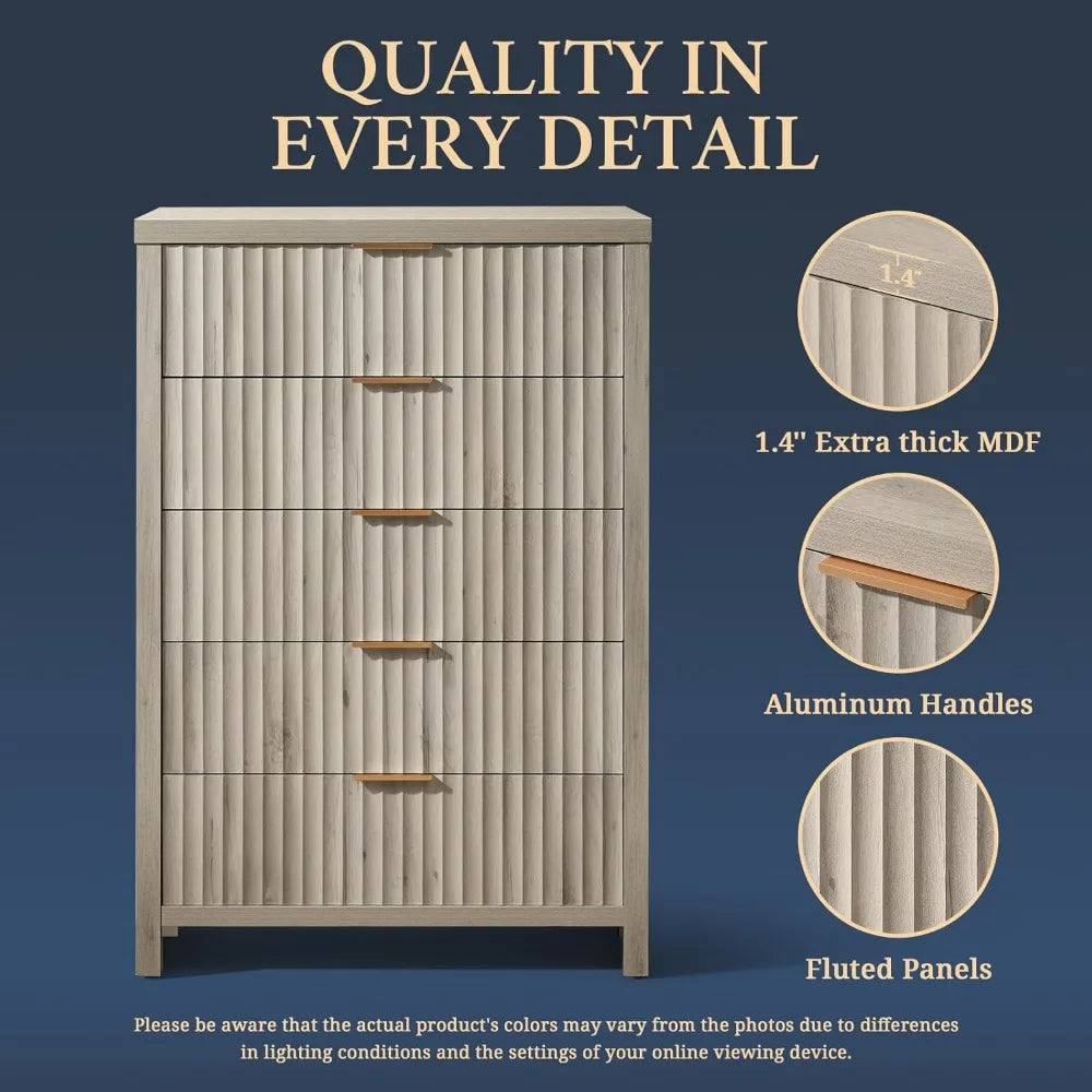 5 Drawers Dresser for Bedroom, 44 Inches Tall Modern Bedroom Dressers, Chest of Drawers for Bedroom, Fluted Dresser for Closet O