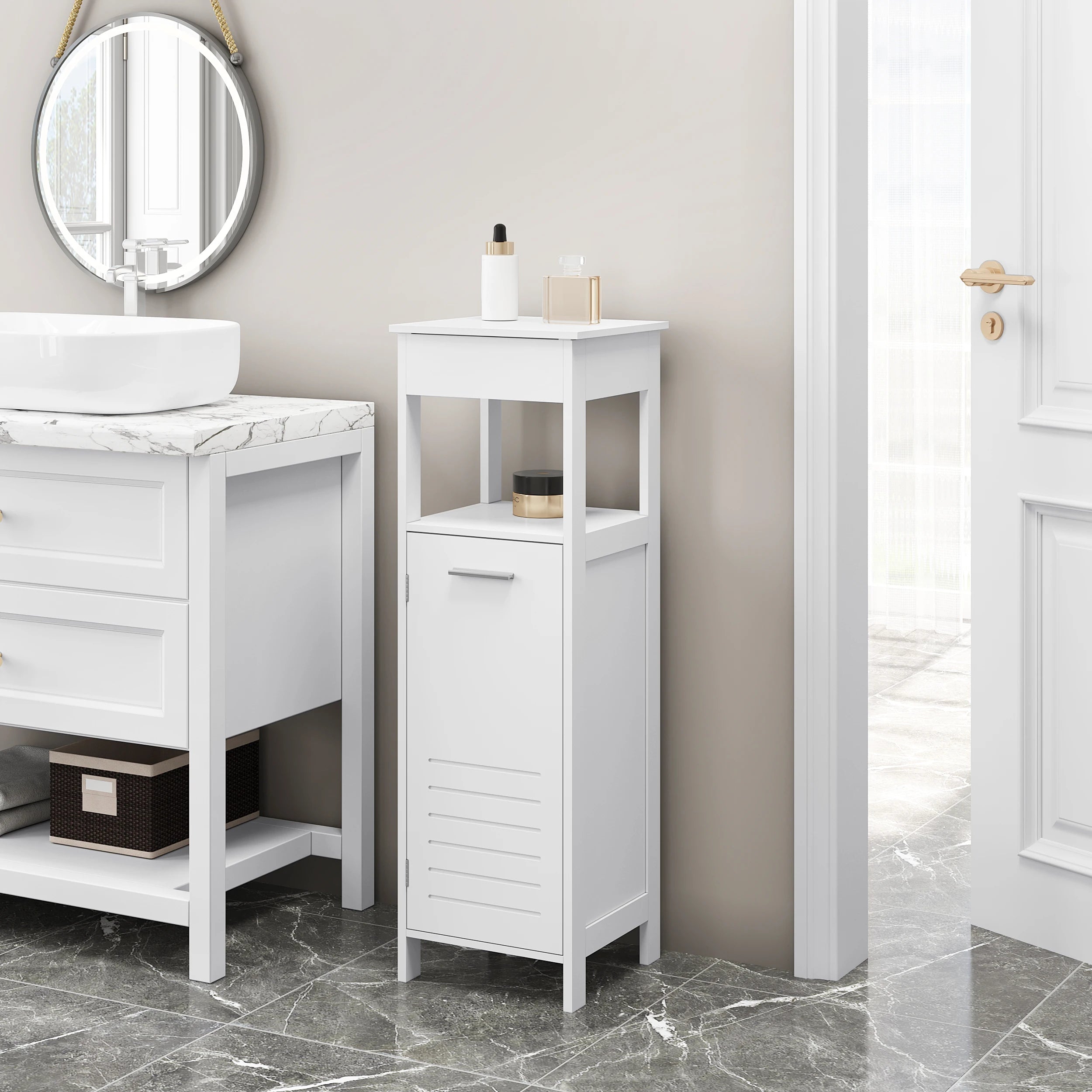 32x99x30cm White Bathroom Cabinet 4 Levels with Door Adjustable Shelf Standing Corner Cabinet for Living Room Hallway