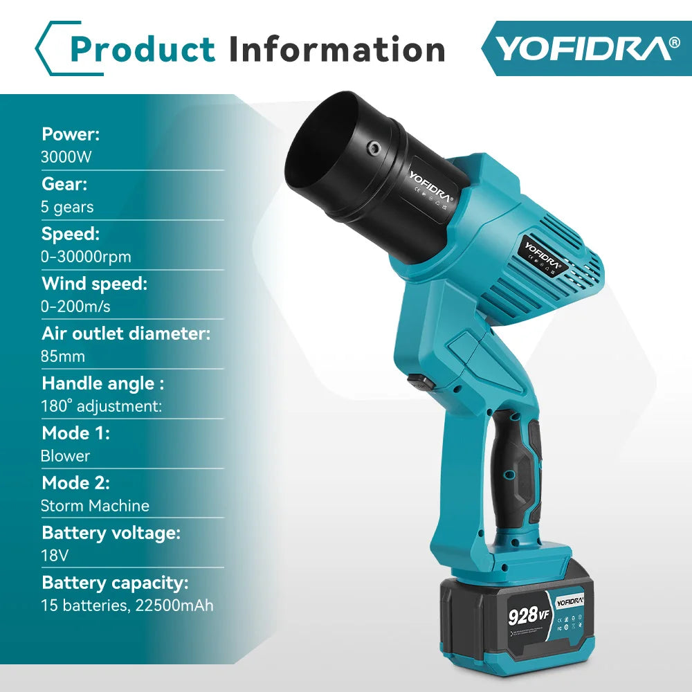YOFIDRA 2In1 3000W Brushless Electric Turbo Fan Blowers Air Blower Leaf Snow Dust Cleaning Power Tool For Makita 18V Battery Pin