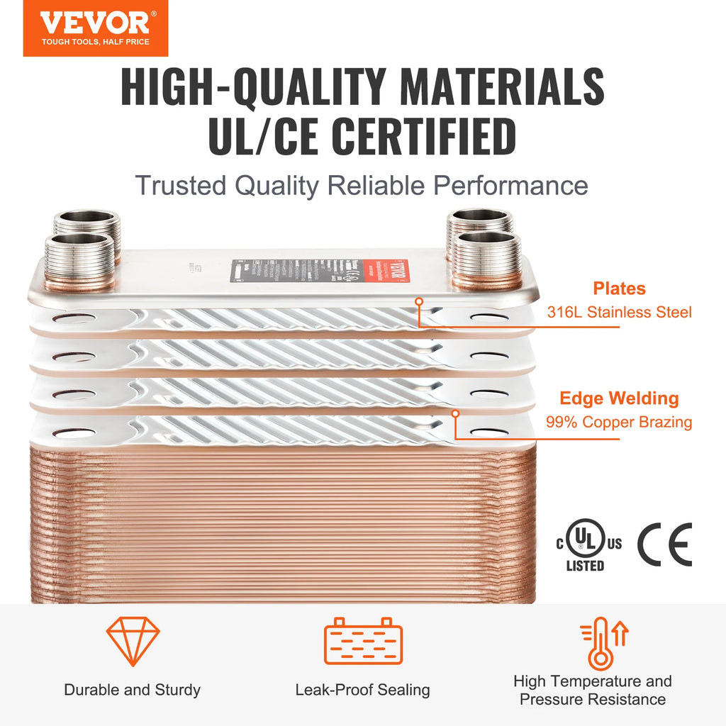VEVOR Heat Exchanger 5"x 12" 80 Plates Brazed Plate Stainless Steel For Floor Heating Water Heating Snow Melting Beer Cooling