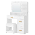 Dressing Table with 10 LED Light Balls, 3 Colors, Dressing Table with Plug and Large Mirror, Stool and Hairdryer Holder, White