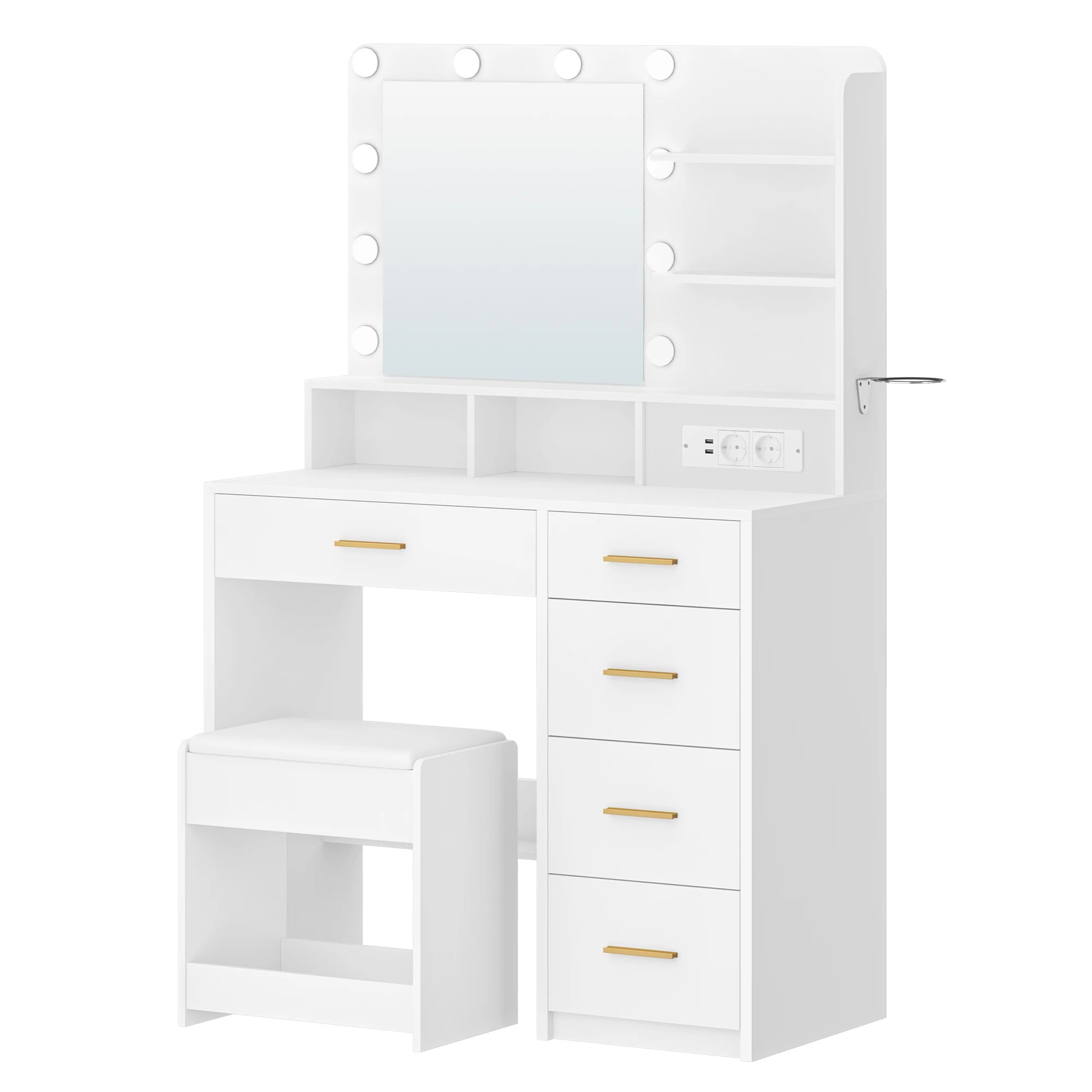 Dressing Table with 10 LED Light Balls, 3 Colors, Dressing Table with Plug and Large Mirror, Stool and Hairdryer Holder, White