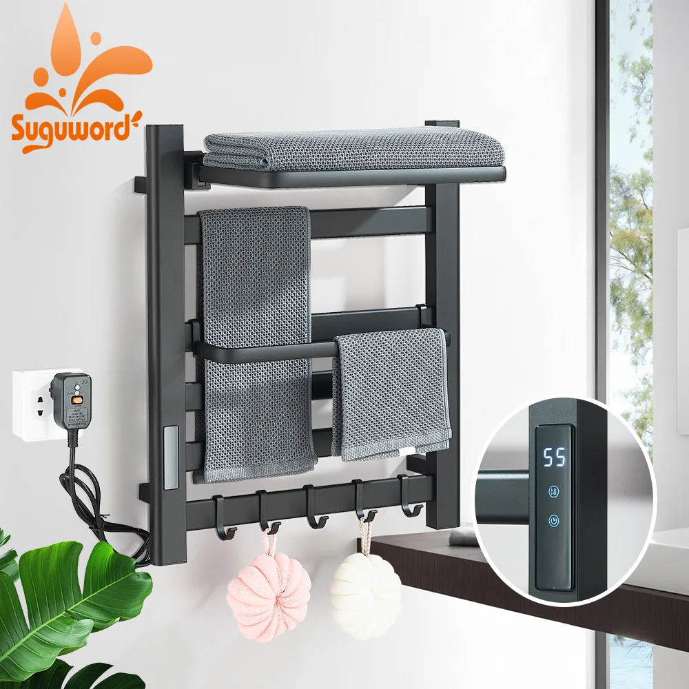 Black Bathroom Electric Heated Towel Rack with Digital Display Touch Thermostatic Dry Towel 304 Stainless Steel Heater