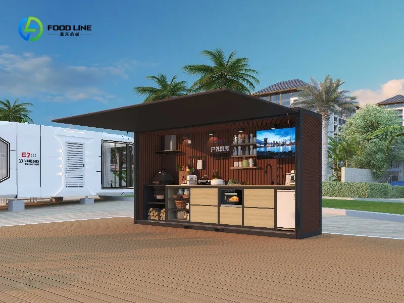 Customized Contemporary Modular Outdoor Kitchen Unit Weatherproof Mobile Garden/Patio Cabinets Sink Grill Wooden Houses