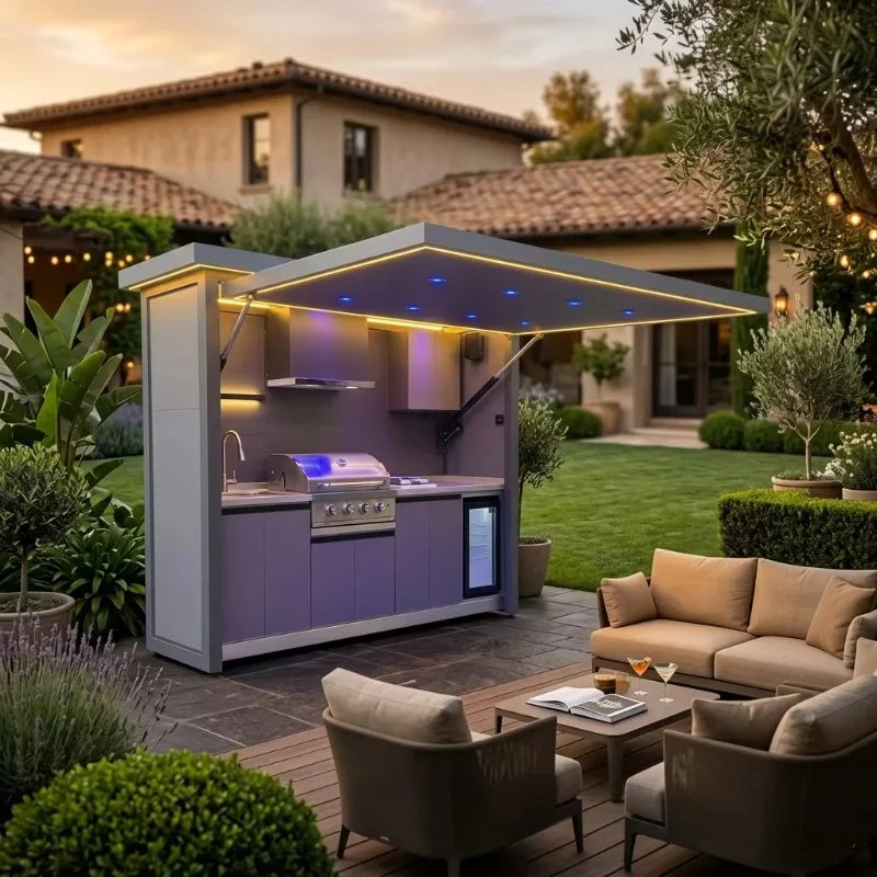 Customized heavy duty outdoor kitchen shed with built in barbecue cabinet for professional backyard cooking stations