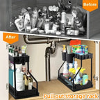 2 Tier Under Sink Organizer, Pull Out Cabinet Storage Shelf with Hooks & Hanging Cup, Space Saving Rack for Kitchen Bathroom