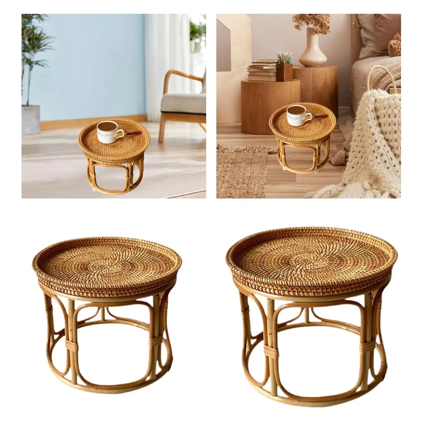 Rattan Side Table, End Table Tray Organizer Decorative Coffee Table NightStand for Office Indoor Proch Patio Room