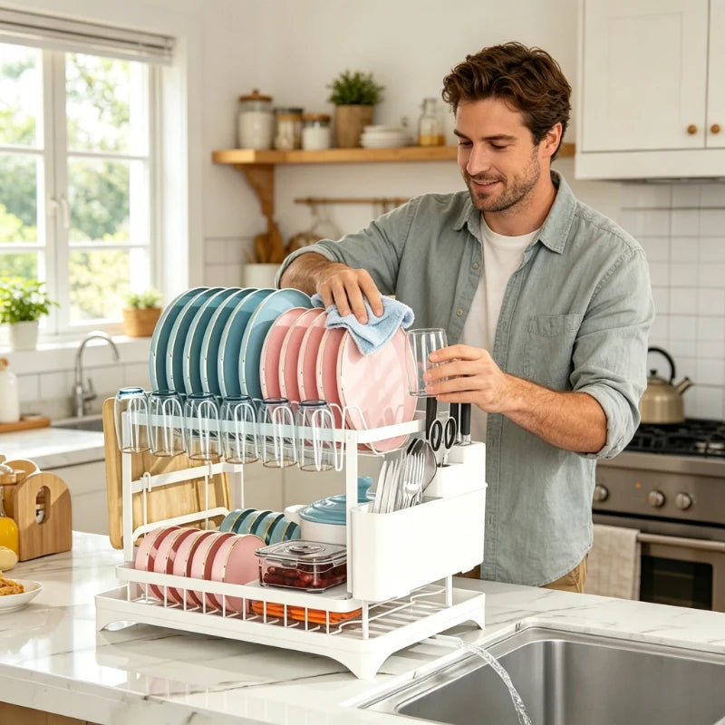 2-Tier Kitchen Dish Drying Rack, Bowl Tableware Drainer with Chopsticks Knife Fork & Cup Storage Holder