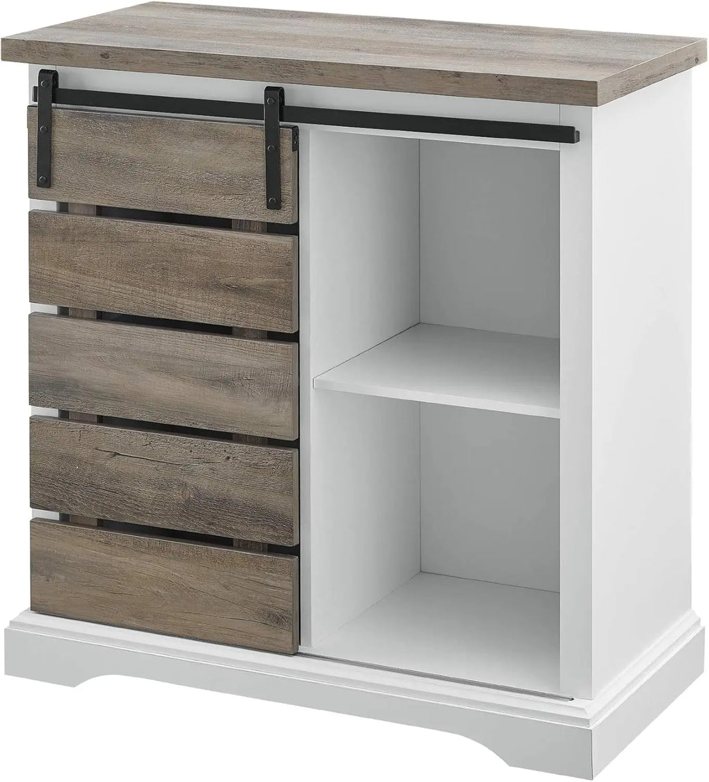 Willa Modern Farmhouse Sliding Single Slat Door Storage Console, 32 Inch, White And Grey Wash