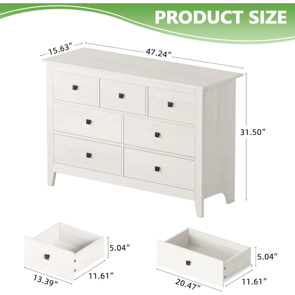 7 Drawer Dresser - Wooden Bedroom Dressers, Storage Drawers Cabinet for Bedroom, Living Room, Farmhouse Chest of Drawers, White