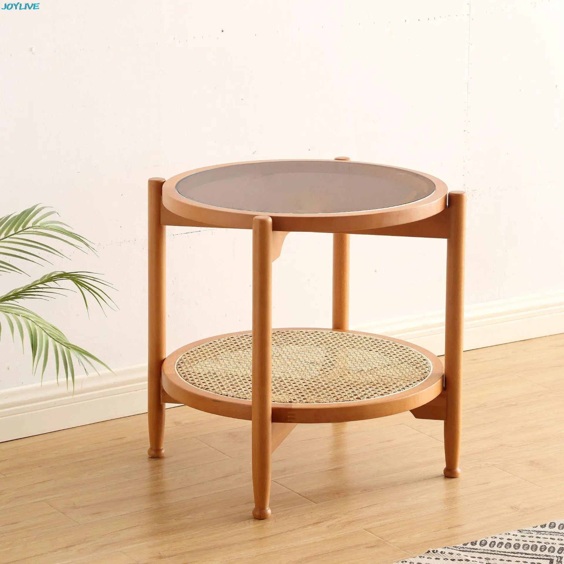 JOYLIVE Rattan Coffee Table Japanese Double Layer Detachable Solid Wood Table Glass Round Home Small Table 2022 New Dropshipping