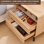 24" Nightstand with Charger Station, Mid Century Modern Fluted End Table with 2 Drawers, Wooden Side Table with Open Cubby